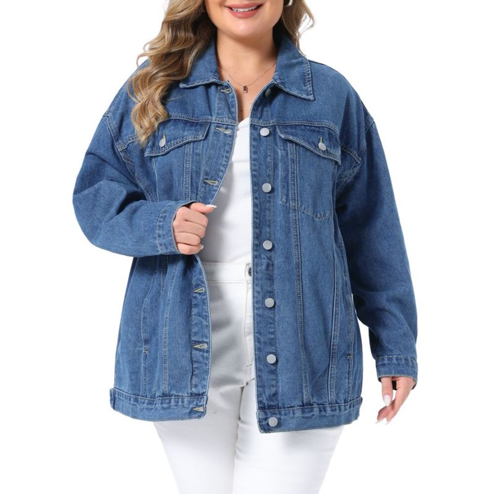 Women Plus Size Button Stitching Boyfriend Denim Jackets Blue